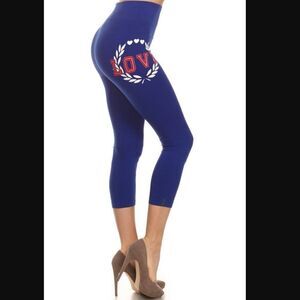 NWT Yelete Womens "LOVE" Screen Print Capri Leggings in Royal Blue | OS
